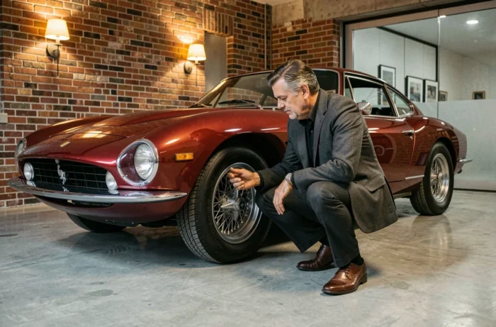 Homme élégant admirant une Ferrari 250 GT rouge des années 1960 dans un garage privé au sol en béton poli