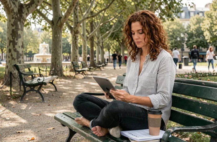 Une femme de 35 ans suit une formation en ligne sur tablette dans un jardin public parisien, symbolisant la flexibilité de la reconversion professionnelle à Paris