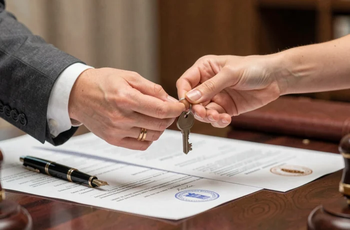 Gros plan sur la remise d'une clé de maison entre un notaire et un acheteur lors d'une transaction immobilière
