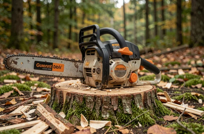 Gros plan d'une élagueuse électrique professionnelle posée sur une souche d'arbre en forêt