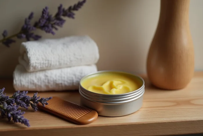 Gros plan d'une boîte de pommade Vermogal ouverte sur une étagère en bois avec peigne et accessoires capillaires