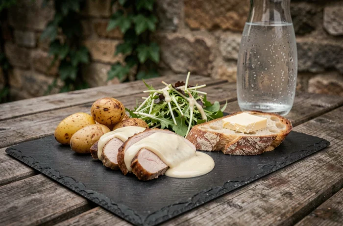 Gros plan sur une assiette de poulet à la crème avec pommes de terre rôties, salade frisée et pain de campagne sur une ardoise