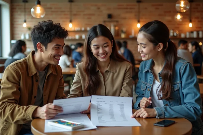 Groupe d'étudiants de Kedge Business School discutant des frais de scolarité et du budget dans un café du campus