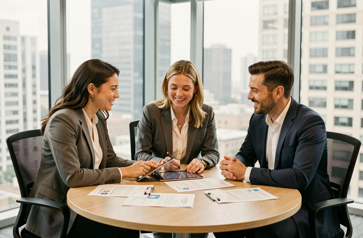 Groupe de professionnels discutant de stratégies de candidature et d'optimisation de CV en salle de réunion