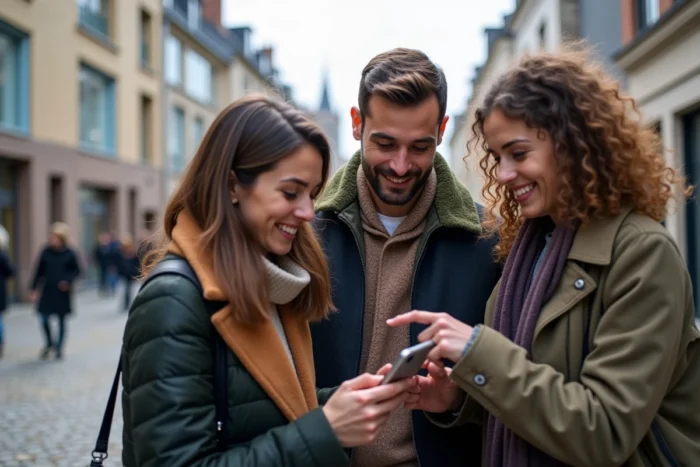 Groupe de jeunes professionnels consultant un smartphone dans une place urbaine de Rennes en Bretagne