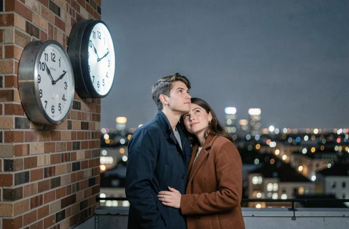Couple regardant une horloge affichant 23h13 sur une terrasse urbaine, évoquant la connexion amoureuse et le message des heures miroirs