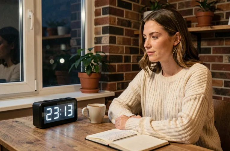 Femme contemplative regardant une horloge affichant 23h13, symbolisant la signification spirituelle et amoureuse de l'heure miroir