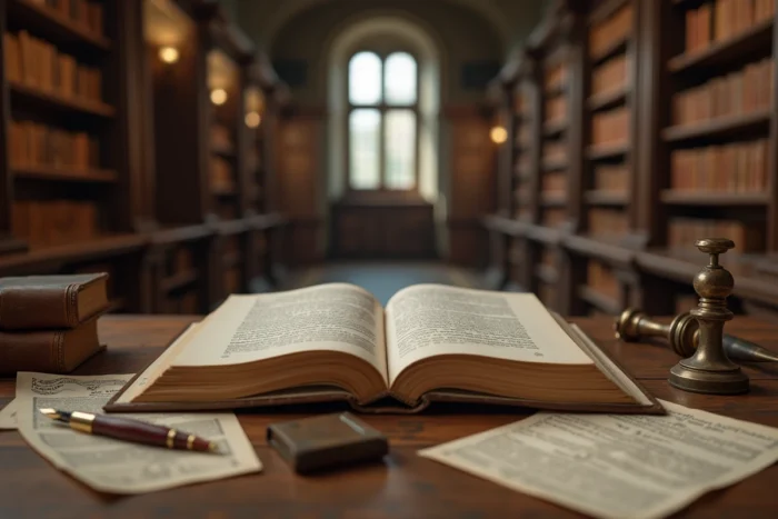 Anciens diplômes universitaires et livres vintage sur une table en bois dans une bibliothèque historique française