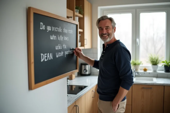 Homme souriant écrivant une citation inspirante sur un tableau noir dans une cuisine moderne au style scandinave