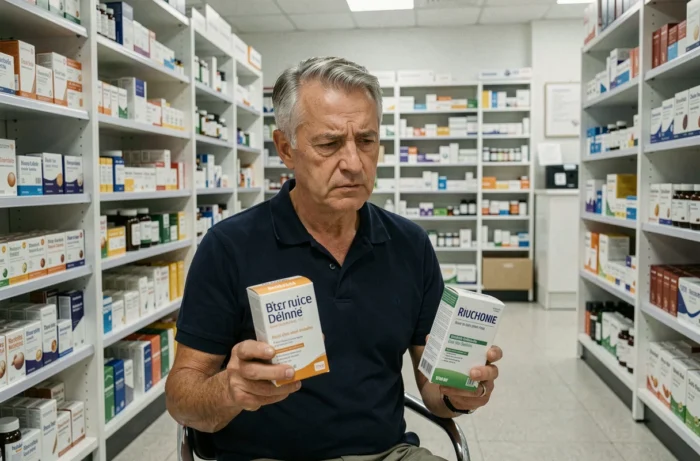Homme comparant deux boîtes de compléments alimentaires contre les acouphènes dans un rayon de pharmacie