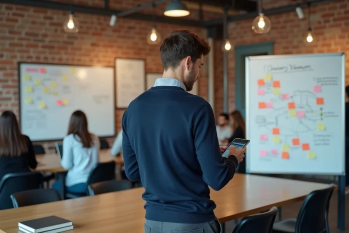 Homme en espace de coworking analysant des options de carrières indépendantes sur un tableau blanc