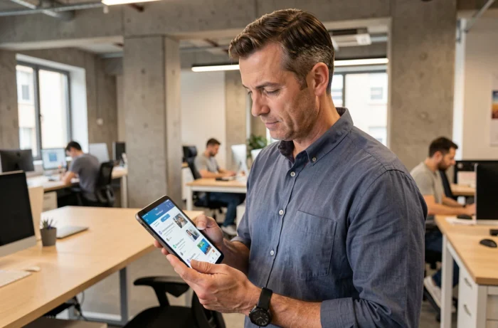 Homme en espace de coworking consultant un tableau de bord d'avis clients sur une tablette numérique