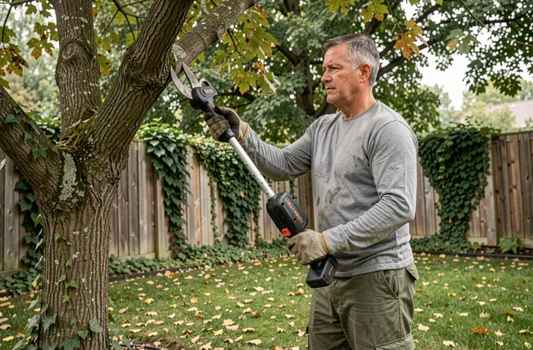 Homme utilisant une élagueuse à perche sans fil pour tailler une branche de chêne dans un jardin résidentiel