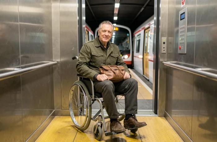 Homme en fauteuil roulant utilisant l'ascenseur accessible d'une station de métro Parisienne Ligne 7