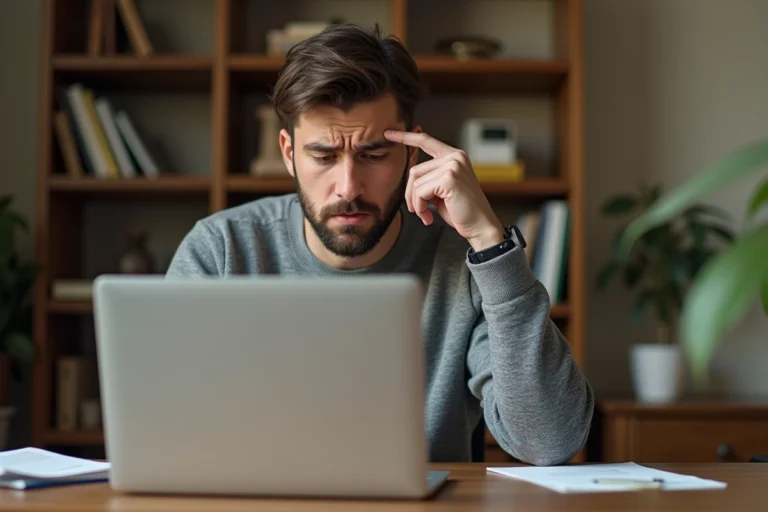 Homme frustré devant un message d'erreur sur sa boîte mail SFR sur un ordinateur portable à domicile
