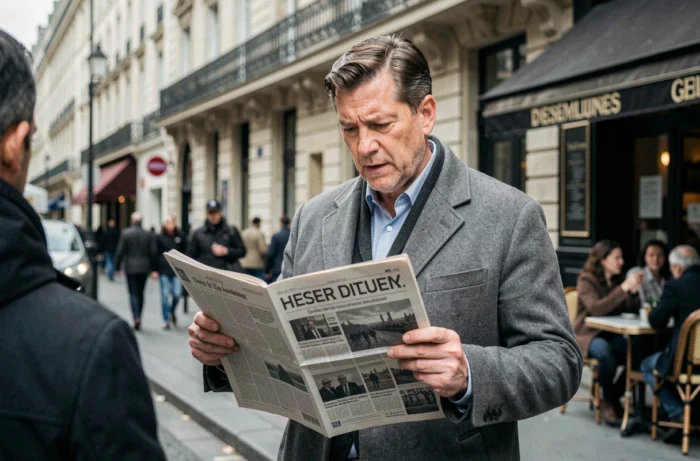 Homme lisant un journal papier dans une rue parisienne animée avec immeubles haussmanniens en arrière-plan