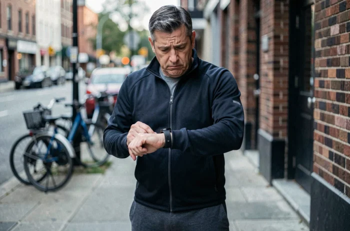 Homme vérifiant sa montre connectée podomètre en pleine rue avec une expression perplexe