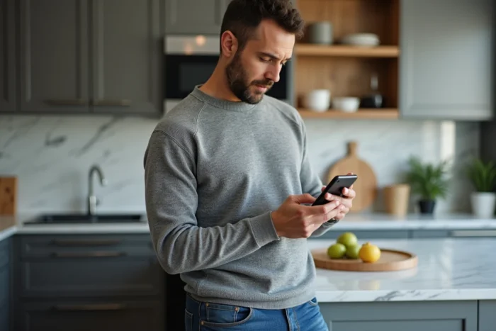 Homme lisant la notification de changement de nom de Zakmav sur son smartphone dans sa cuisine