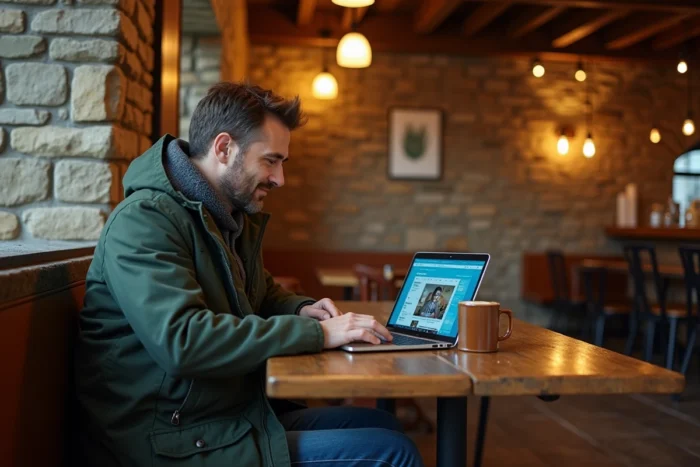 Homme travaillant sur un ordinateur portable dans un café breton traditionnel aux murs en pierre
