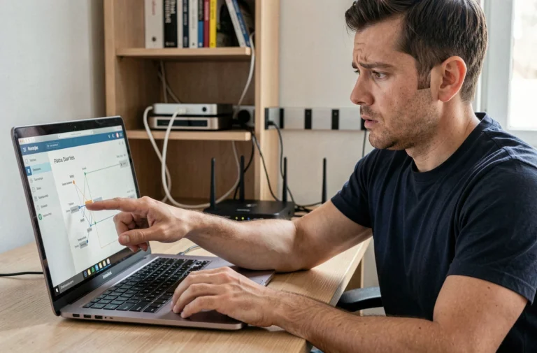 Homme analysant les risques de sécurité de sa connexion internet sur un ordinateur portable dans un bureau à domicile