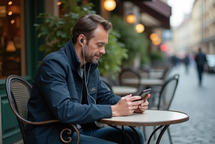 Homme regardant un film en streaming sur mobile en terrasse de café en ville