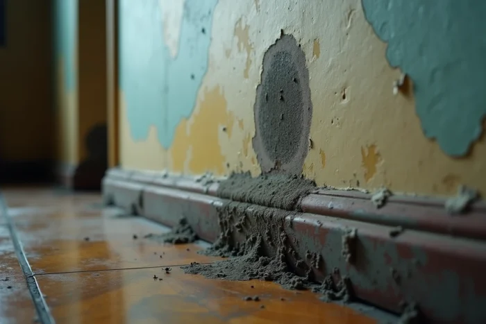 Traces d'humidité et moisissures sur un mur intérieur d'appartement en copropriété