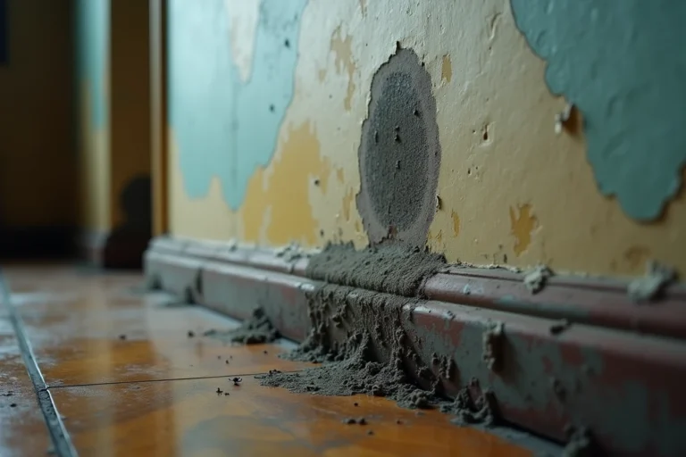 Traces d'humidité et moisissures sur un mur intérieur d'appartement en copropriété