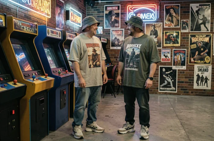 Deux hommes en tenue des années 90 discutant avec humour devant des bornes d'arcade vintage dans un bar rétro