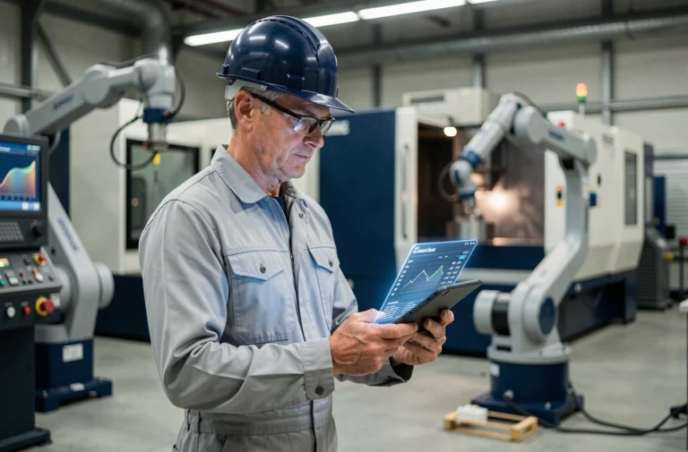 Ingénieur industriel analysant des données de production sur une tablette numérique dans une usine moderne française équipée de machines CNC et de bras robotiques
