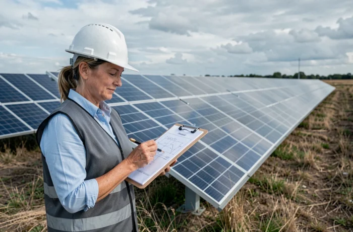 Ingénieure inspectant une ferme solaire au sol avec schéma de boucle d'induction