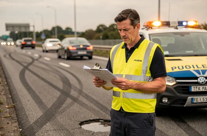 Inspecteur de sécurité routière examinant un rapport d'accident sur le bord d'une autoroute française, soulignant les risques et dangers du réseau autoroutier