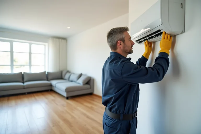 Technicien en train d'installer un climatiseur mural dans un salon de 100m2