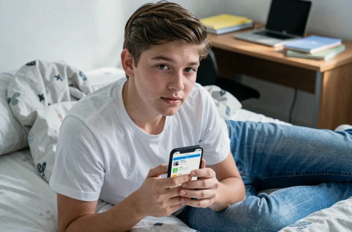 Adolescent allongé sur un lit et utilisant un smartphone pour installer des applications APK comme alternative au Google Play Store