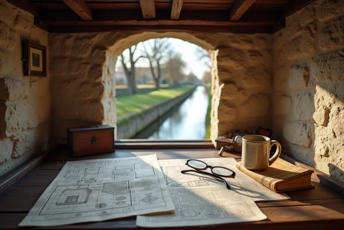 Intérieur d'une maison éclusière rénovée en Bretagne avec documents notariaux et vue sur le canal
