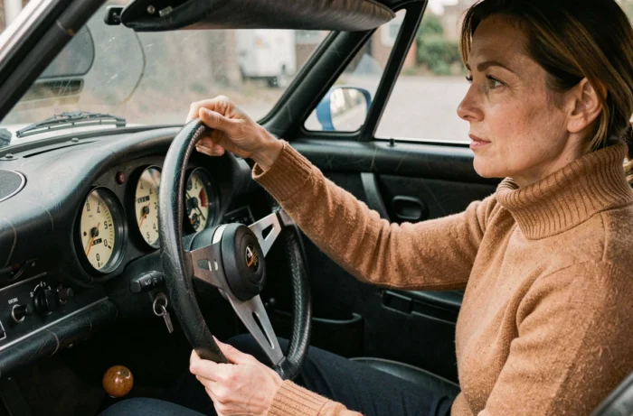 Femme élégante au volant d'une Porsche 911 Carrera vintage des années 1970 avec tableau de bord d'époque