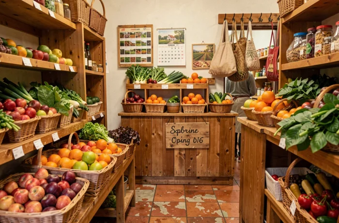 Intérieur authentique d'un primeur local avec panneaux d'horaires d'ouverture