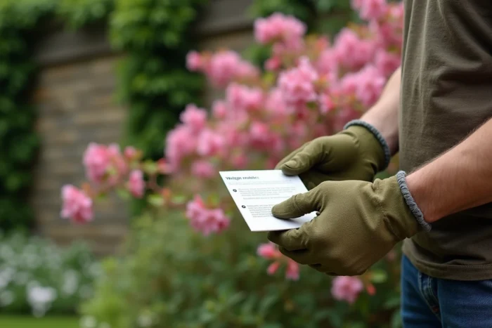 Jardinier consultant une fiche botanique devant un arbuste weigela rose en fleurs