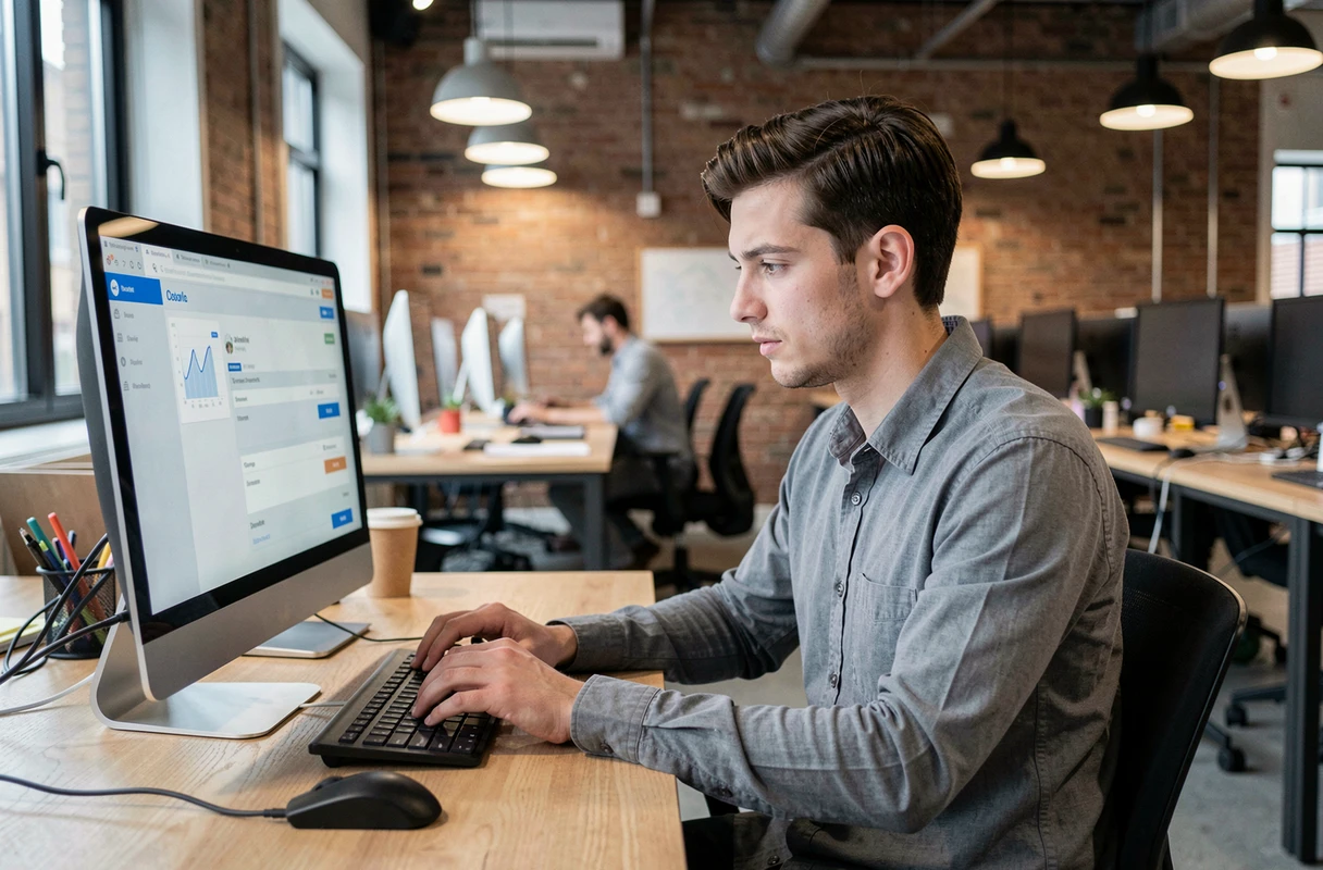 Jeune homme créant son CV en ligne sur un ordinateur dans un espace de coworking moderne