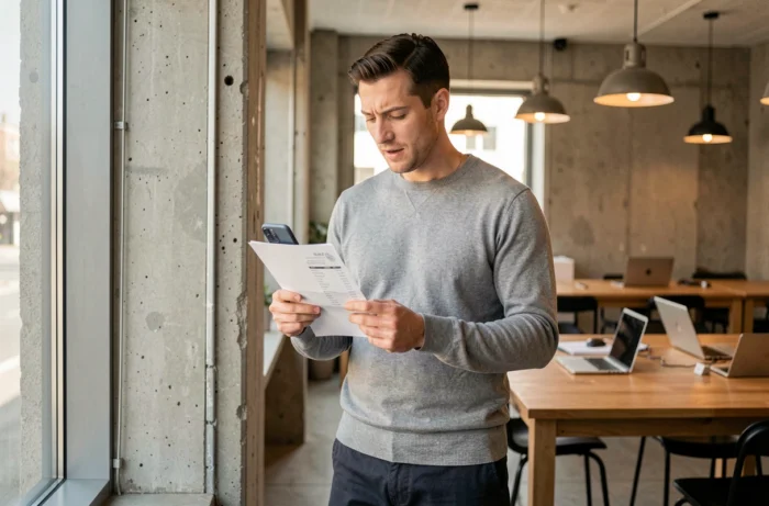 Jeune homme consultant sa fiche de paie et son téléphone dans un espace de coworking pour optimiser ses revenus pendant la recherche d'emploi