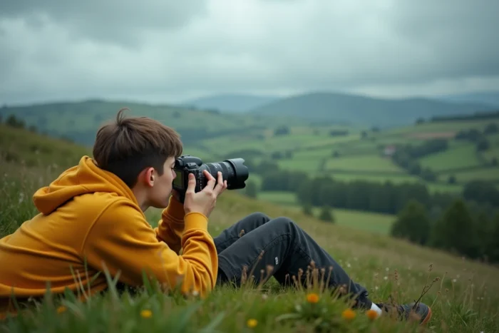 Jeune photographe allongé dans l'herbe en campagne, photographiant un paysage naturel avec un téléobjectif