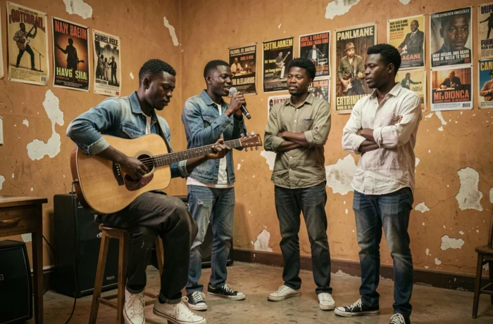 Jeunes musiciens congolais en répétition dans une salle aux murs ocre ornés d'affiches vintage, hommage à la transmission du patrimoine musical de Papa Wemba