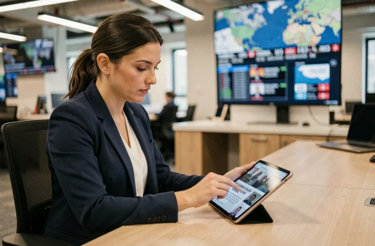 Journaliste femme consultant les actualités du jour sur une tablette dans une salle de rédaction moderne