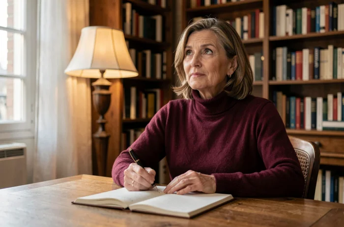 Femme journaliste dans son appartement parisien, assise à son bureau, carnet ouvert, atmosphère intime et réfléchie