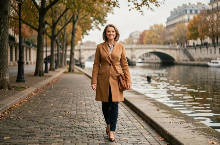 Femme dans la cinquantaine marchant seule au bord de la Seine à Paris, manteau camel, allure sereine et indépendante