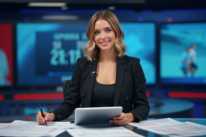Journaliste sportive adulte en studio de télévision consultant des statistiques de matchs avant une émission en direct