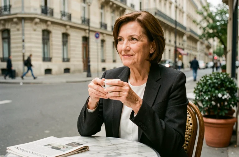 Femme journaliste élégante attablée seule en terrasse de café parisien, regard pensif, vie privée préservée