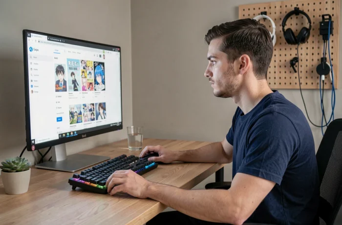 Homme lisant des mangas sur un site web sécurisé depuis son bureau à domicile avec un grand écran d'ordinateur