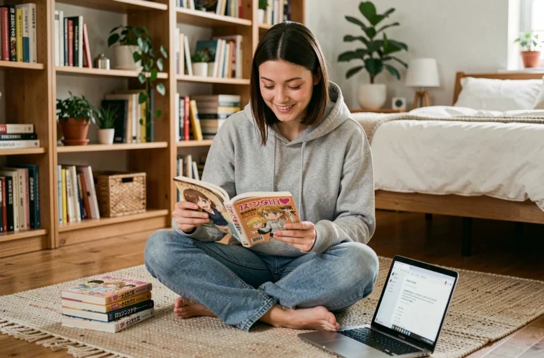 Jeune femme lisant un manga confortablement dans sa chambre avec un ordinateur portable affichant un site de lecture en ligne
