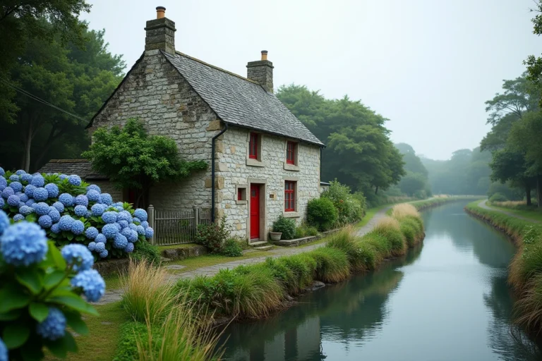 Maison éclusière bretonne en granit gris au bord d'un canal calme entourée d'hortensias en fleurs