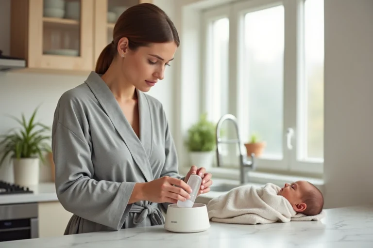 Jeune maman qui chauffe un biberon MAM dans un chauffe biberon électrique sur un plan de travail en marbre blanc